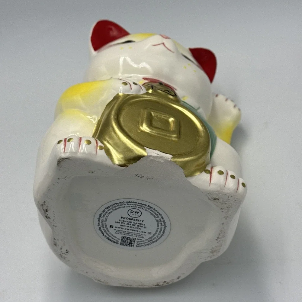 Lucky Cat Ceramic White Red Gold Prosperity Home Decor Candle Used Small Chip